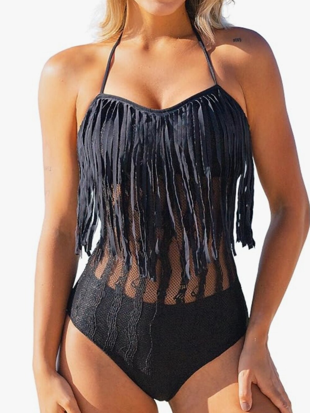 Beachsissi Black Fringe One-Piece Swimsuit  - Stylish Halter Design